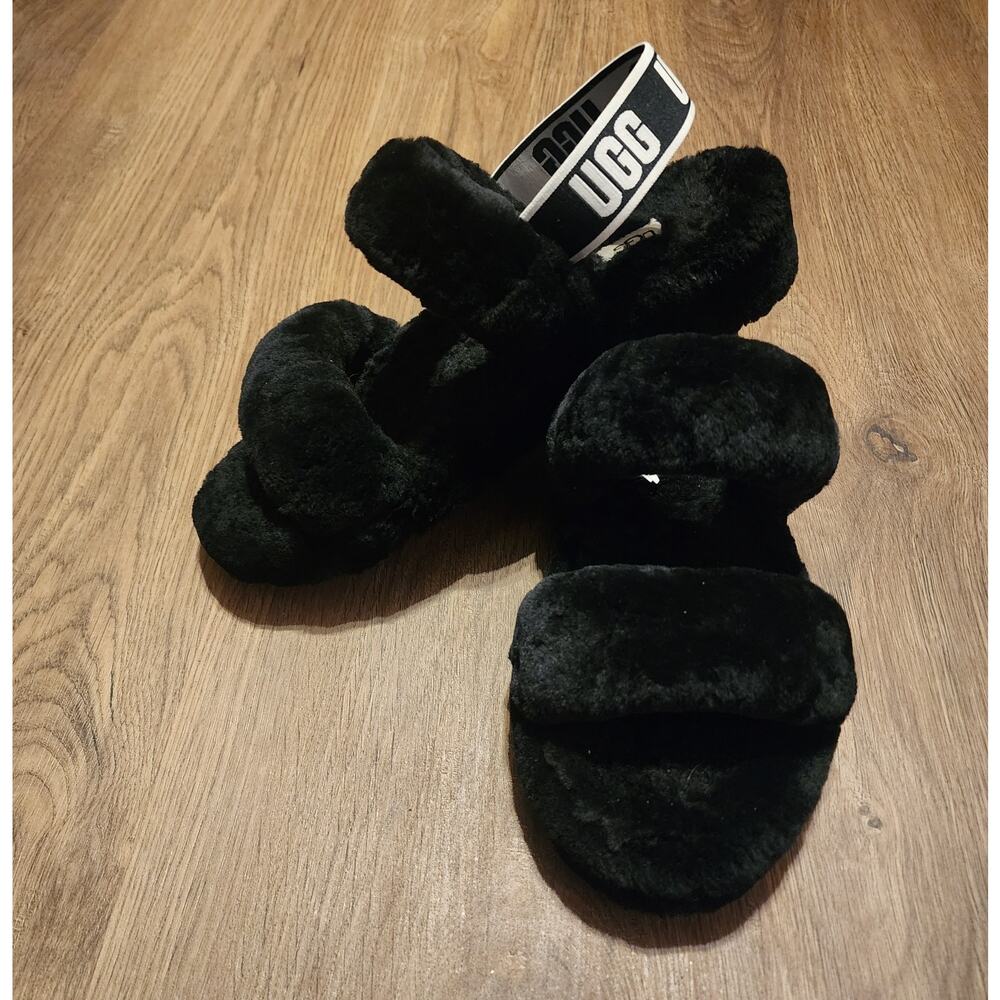 UGG Fluff Yeah Slippers Women's 10 Black Sherpa Fuzzy Slides Sandals Shoes Comfy